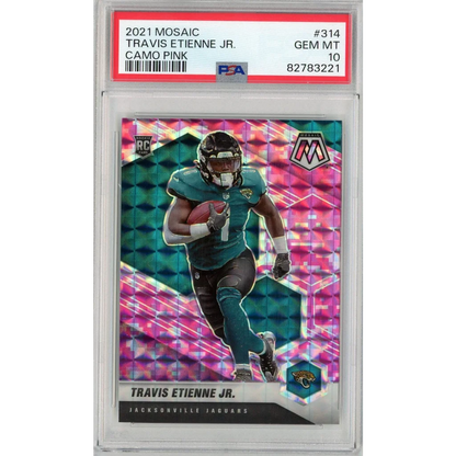 PSA graded 2021 Mosaic Travis Etienne Jr Camo Pink football card on display