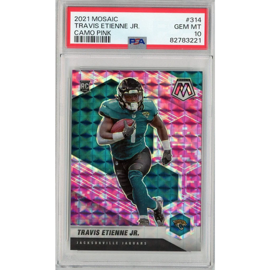 PSA graded 2021 Mosaic Travis Etienne Jr Camo Pink football card on display