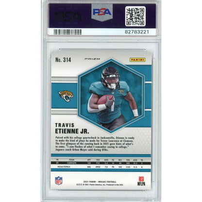 Graded Travis Etienne Jr 2021 Mosaic Camo Pink Football Card in PSA case