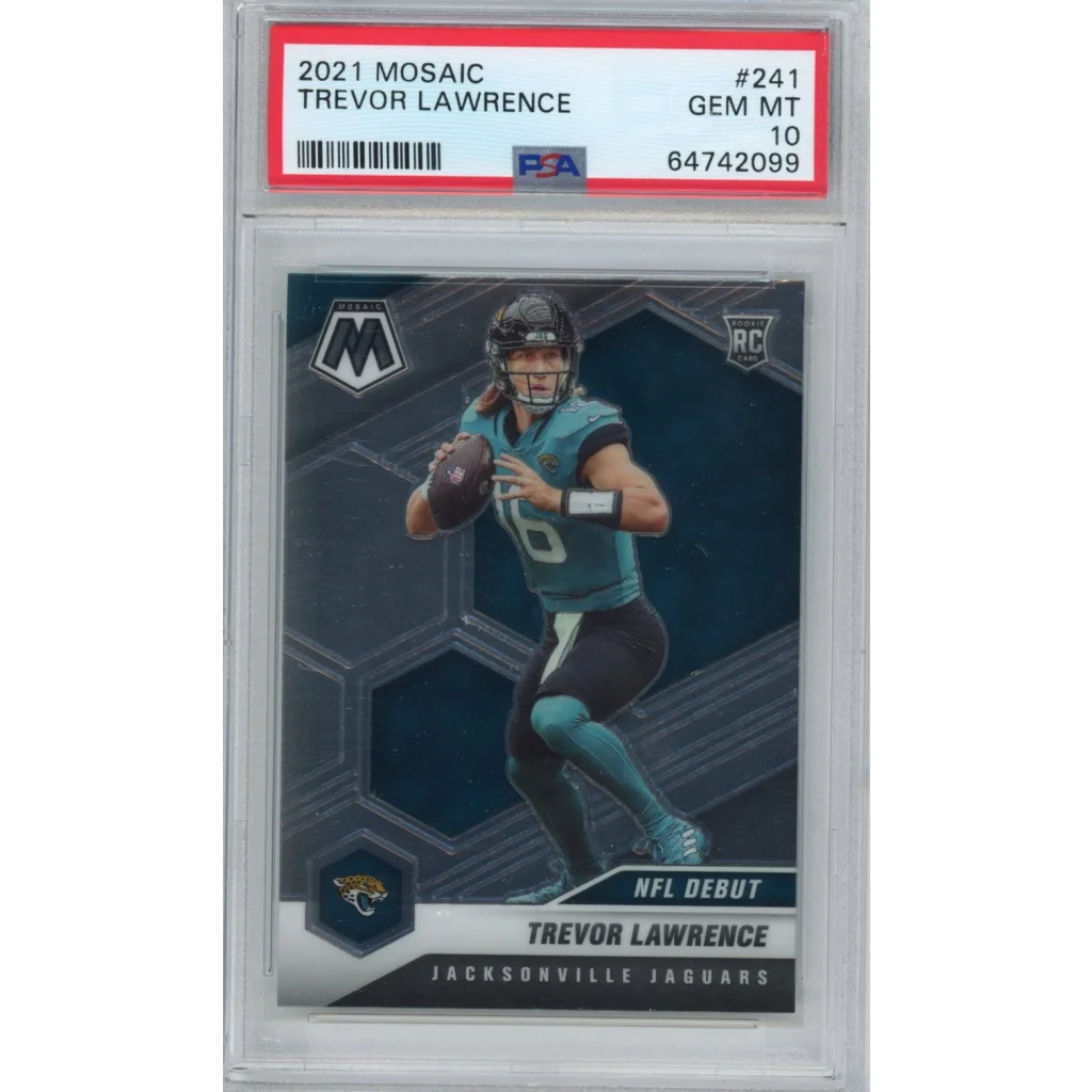 A professionally graded 2021 Trevor Lawrence Mosaic NFL Debut football card with Gem Mint 10