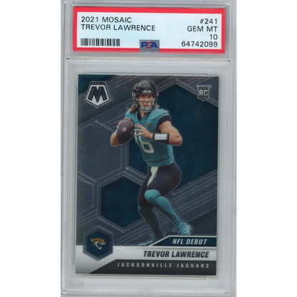 A professionally graded 2021 Trevor Lawrence Mosaic NFL Debut football card with Gem Mint 10