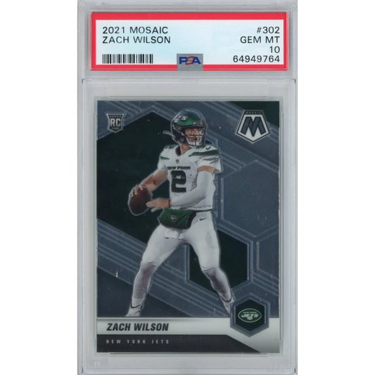 PSA-graded 2021 Panini Mosaic Zach Wilson rookie football card on display