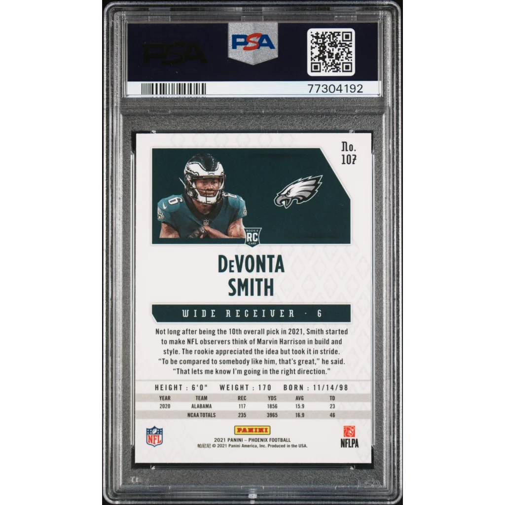 Graded DeVonta Smith rookie football card by PSA Professional Sports Authenticator