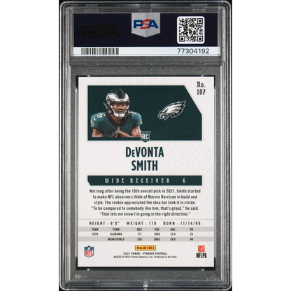 Graded DeVonta Smith rookie football card by PSA Professional Sports Authenticator