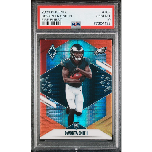 2021 Phoenix Devonta Smith Fire Burst rookie football card PSA graded by professional sports authenticator
