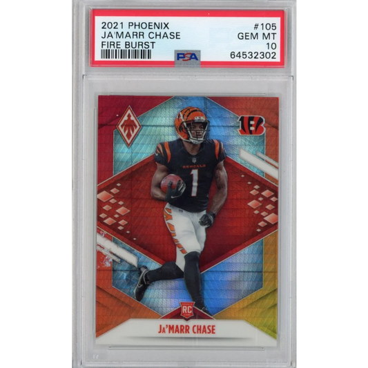Graded 2021 Panini Phoenix Ja'Marr Chase #105 Fire Burst Rookie RC Football Card PSA 10 Gem Mint | Hall of Fame Sports Memorabilia | vintageantiquesgifts.com