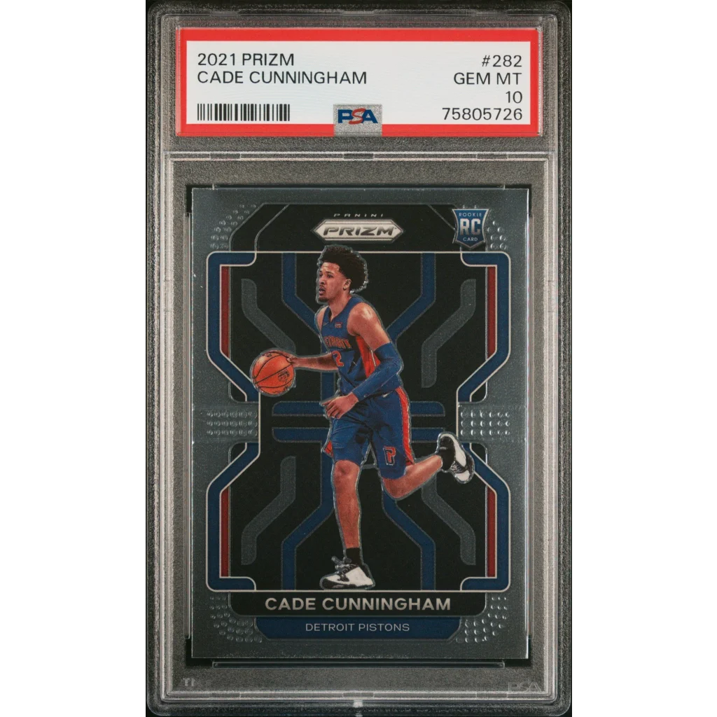 PSA graded 2021 Prizm Cade Cunningham rookie basketball card on display