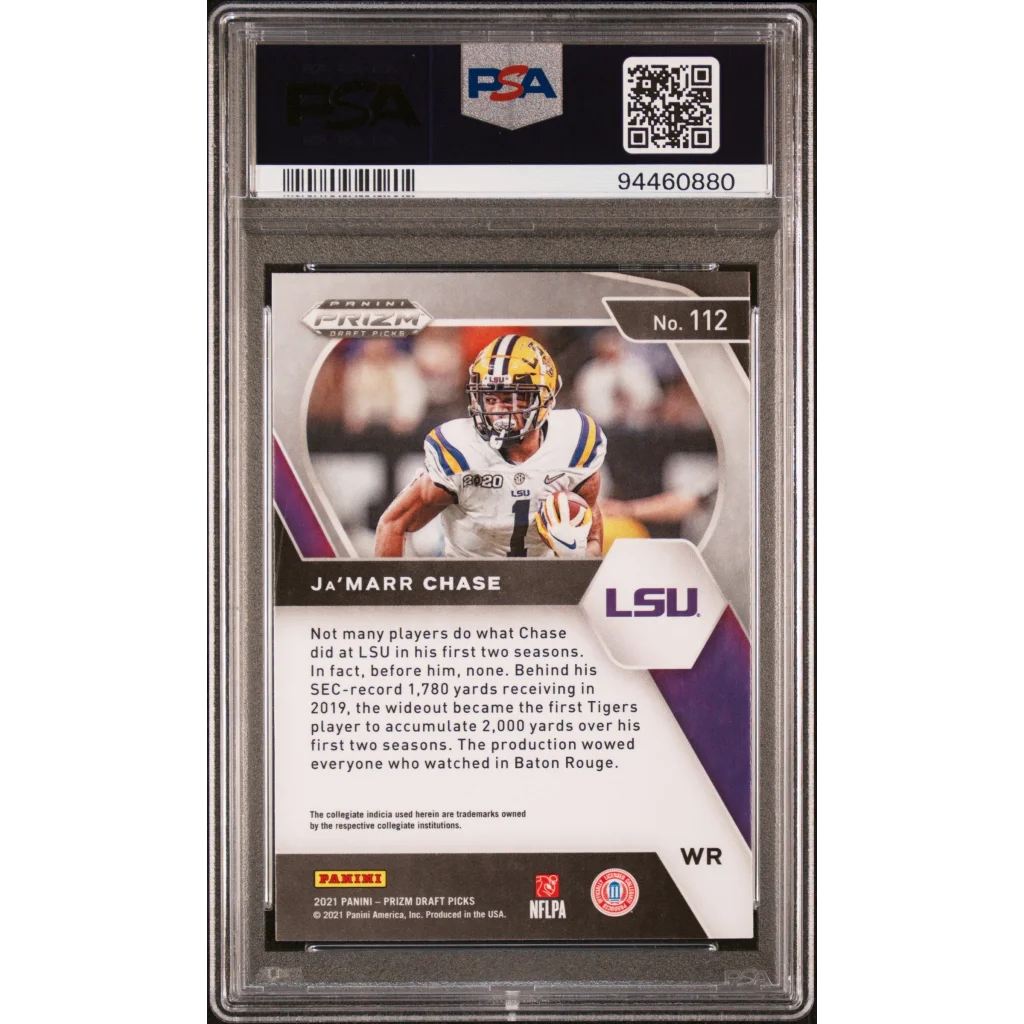 A graded PSA 10 JaMarr Chase 2021 Prizm rookie card on display