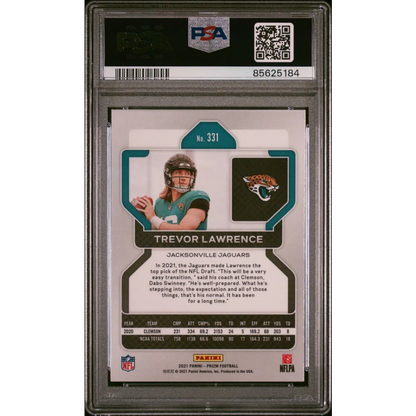A graded 2021 Trevor Lawrence Panini Prizm Rookie Card in PSA case