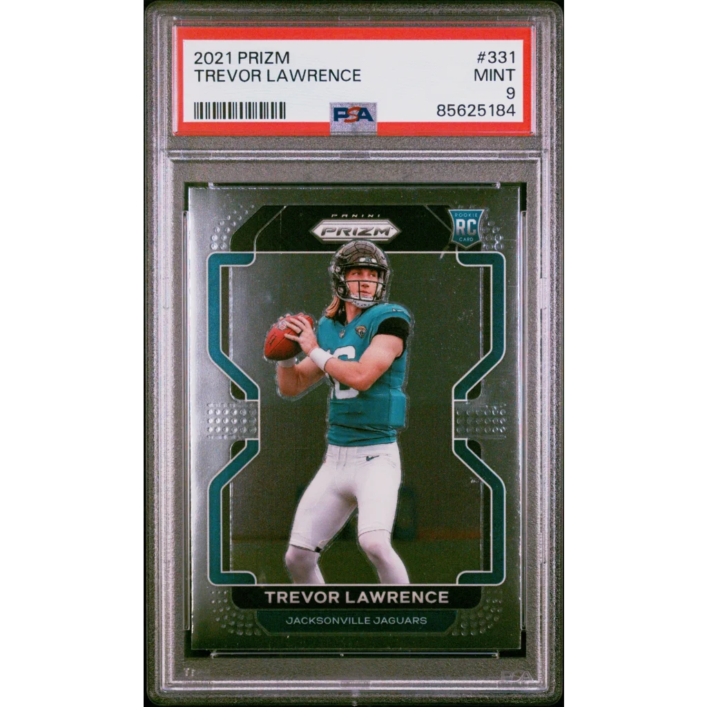 Graded 2021 Trevor Lawrence Panini Prizm Rookie Football Card in PSA case