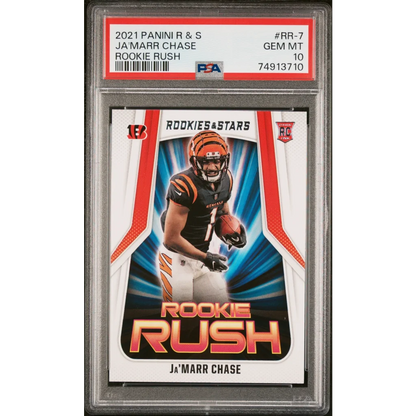 PSA graded Ja’Marr Chase Rookie Rush football card from 2021 Panini Rookies & Stars