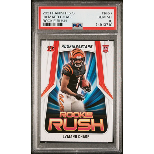 PSA graded Ja’Marr Chase Rookie Rush football card from 2021 Panini Rookies & Stars