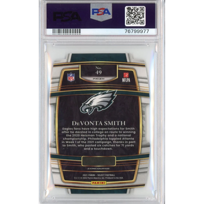 A graded PSA 10 DeVonta Smith Silver Prizm Rookie Card football trading card