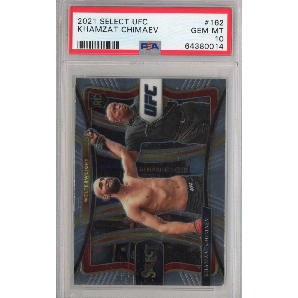A graded 2021 Select UFC Khamzat Chimaev Gem Mint 10 rookie card in PSA case