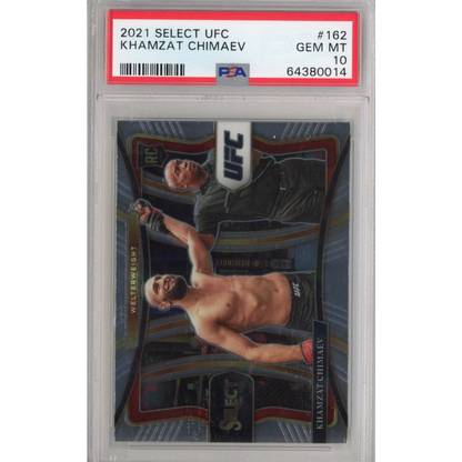 A graded 2021 Select UFC Khamzat Chimaev Gem Mint 10 rookie card in PSA case