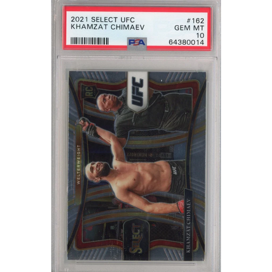 A graded 2021 Select UFC Khamzat Chimaev Gem Mint 10 rookie card in PSA case