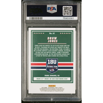 Graded 2021 Panini Stars & Stripes USA Druw Jones #61 Longevity Base Rookie RC Baseball Card PSA 10 Gem Mint | PSA 10 Gem Mint Graded Rookie Card | vintageantiquesgifts.com