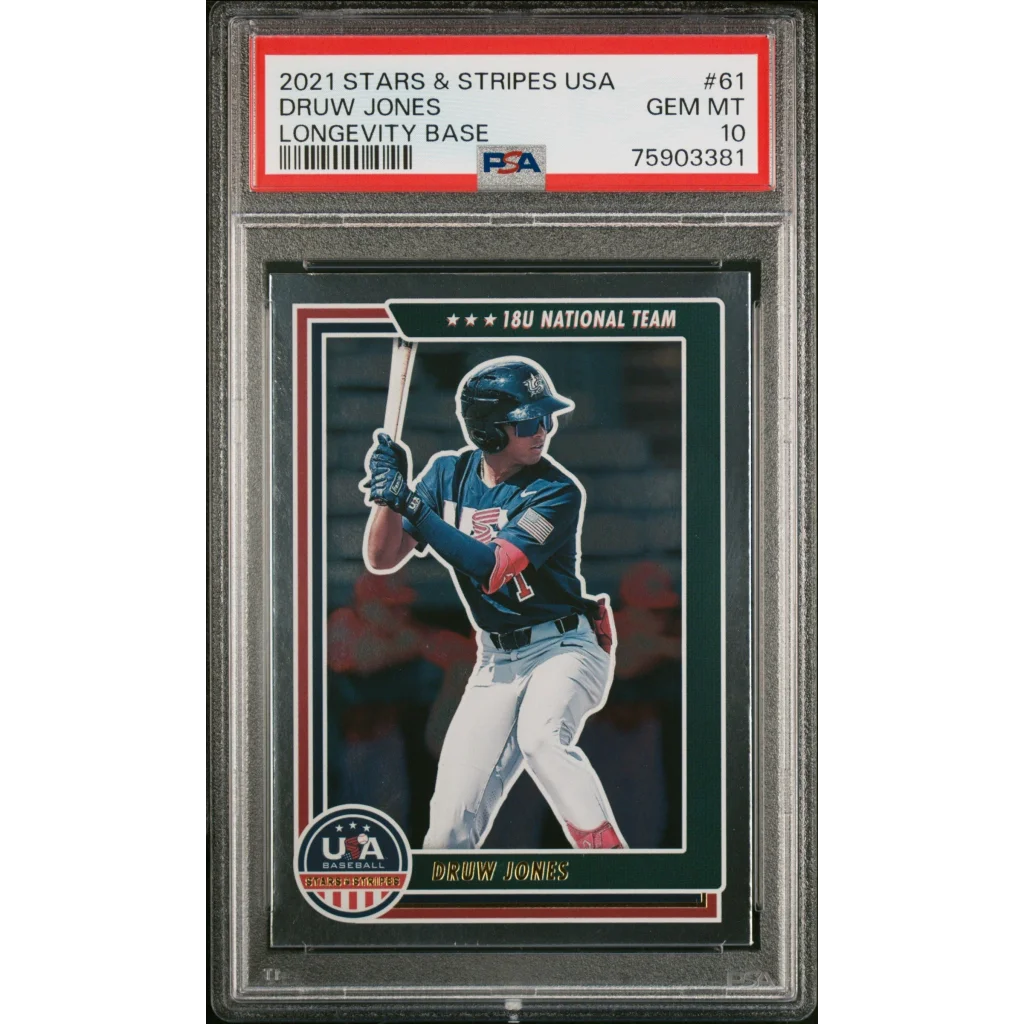 Graded 2021 Panini Stars & Stripes USA Druw Jones #61 Longevity Base Rookie RC Baseball Card PSA 10 Gem Mint | Hall of Fame Sports Memorabilia | vintageantiquesgifts.com
