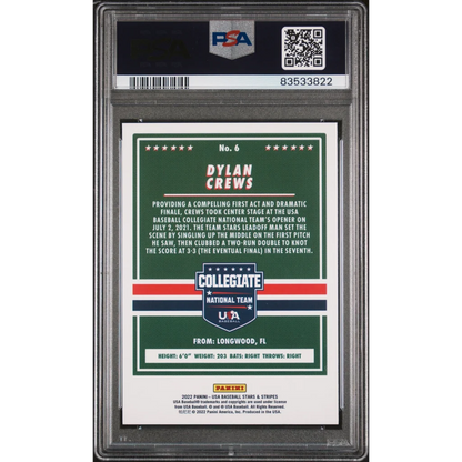 Graded 2021 Panini Stars & Stripes USA Dylan Crews #6 Longevity Base Rookie RC Baseball Card PSA 10 Gem Mint | PSA 10 Gem Mint Graded Rookie Card | vintageantiquesgifts.com