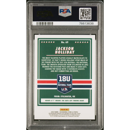 PSA Graded Jackson Holliday Baseball Card displayed on a table