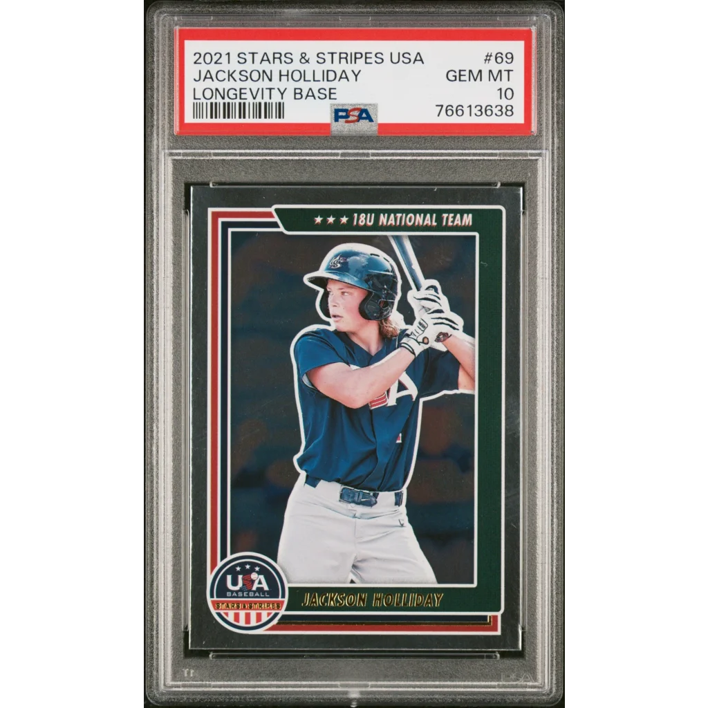 A graded Jackson Holliday baseball card in a PSA holder for collectors