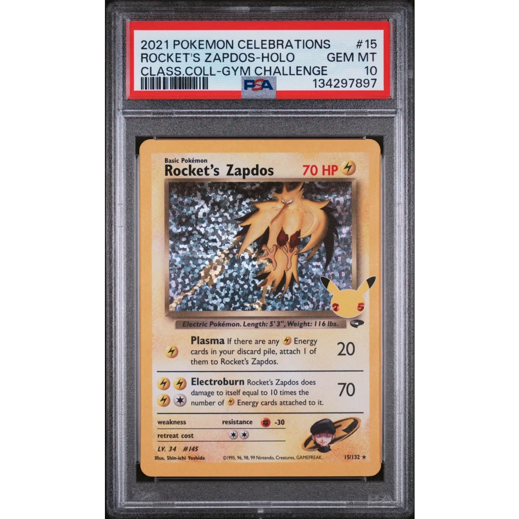 PSA 10 Gem Mint 2021 Pokémon Celebrations Rocket’s Zapdos Holo #15 Graded Slab