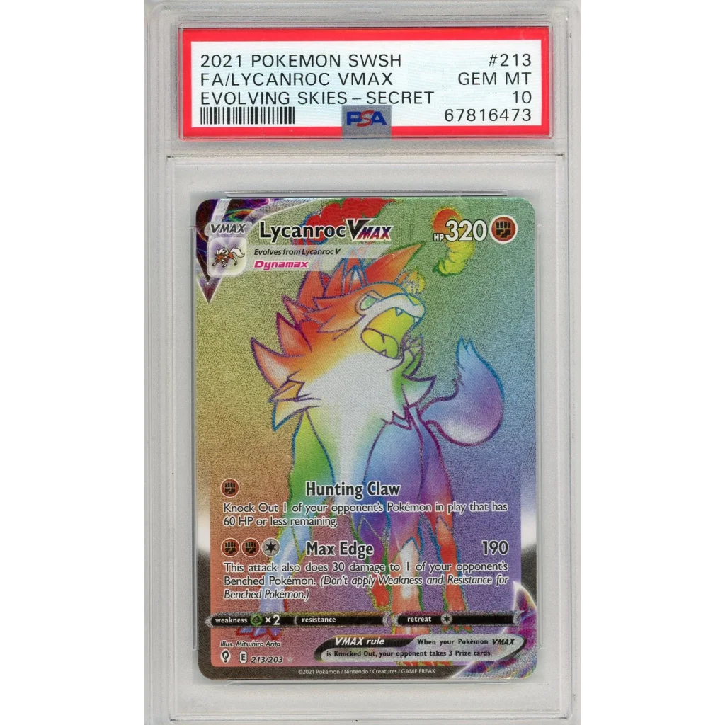 Graded PSA 10 Gem Mint Lycanroc VMAX #213 Evolving Skies TCG card