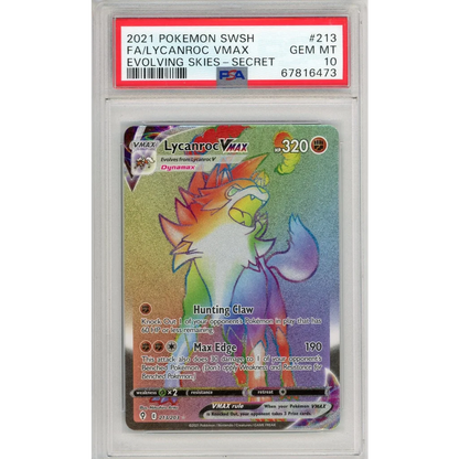 Graded PSA 10 Gem Mint Lycanroc VMAX #213 Evolving Skies TCG card