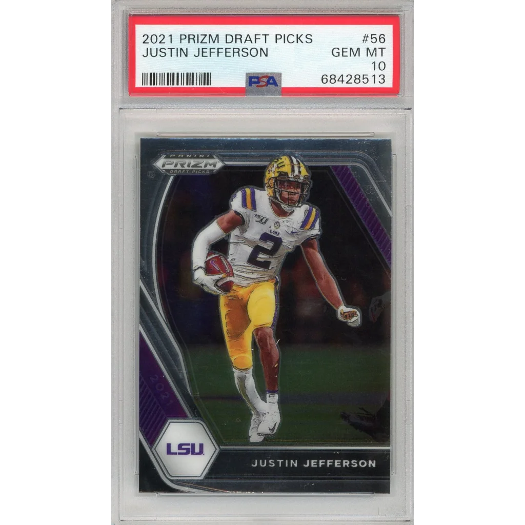 A graded PSA 10 GEM MT Justin Jefferson 2021 Panini Prizm Draft Picks football card