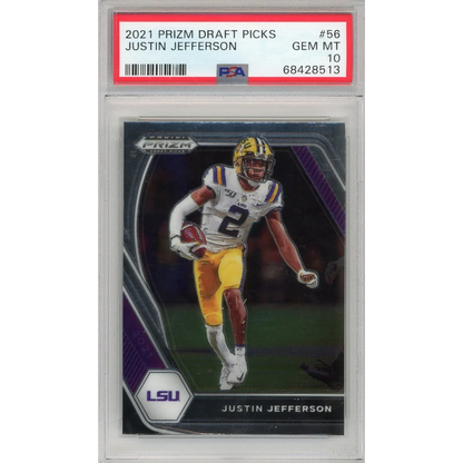 A graded PSA 10 GEM MT Justin Jefferson 2021 Panini Prizm Draft Picks football card