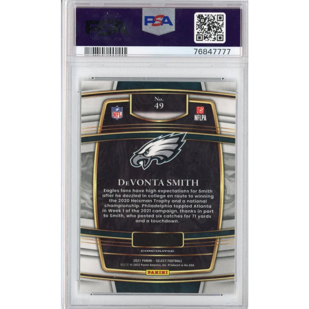 Graded 2021 Select Devonta Smith PSA football trading card in protective case
