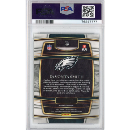 Graded 2021 Select Devonta Smith PSA football trading card in protective case