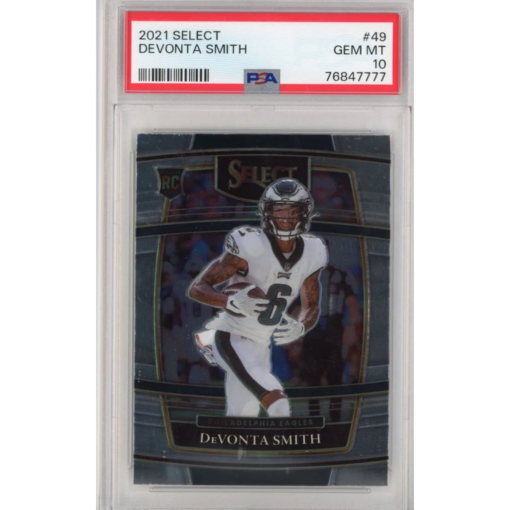 Graded 2021 Select Devonta Smith PSA football trading card on display