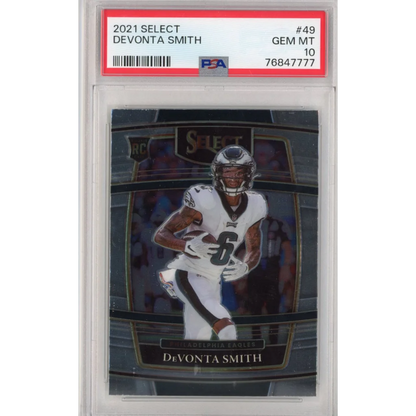 Graded 2021 Select Devonta Smith PSA football trading card on display