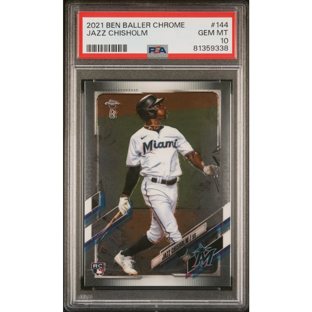 PSA graded 2021 Ben Baller Chrome Jazz Chisholm baseball card in Treasure display