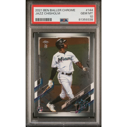 PSA graded 2021 Ben Baller Chrome Jazz Chisholm baseball card in Treasure display