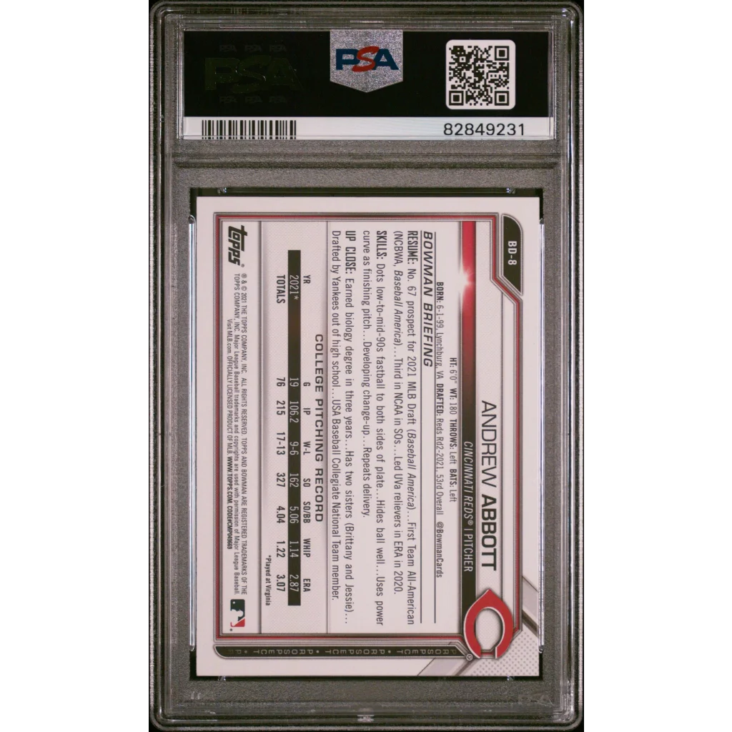 Graded 2021 Topps Bowman Draft Andrew Abbott #BD8 Rookie RC Baseball Card PSA 10 Gem Mint | PSA 10 Gem Mint Graded Rookie Card | vintageantiquesgifts.com