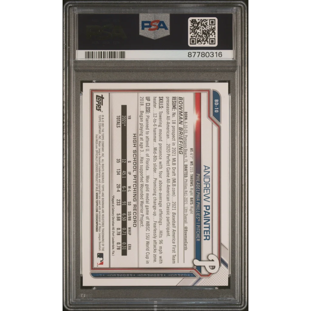 Graded Andrew Painter 2021 Bowman Draft Rookie Card by PSA GEM MT 10, sports authenticator