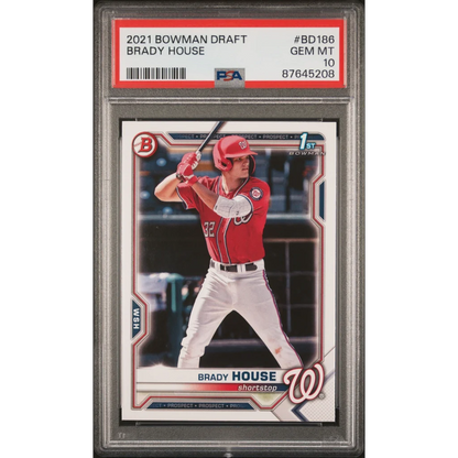 A graded 2021 Bowman Draft Brady House baseball card with third party authentication