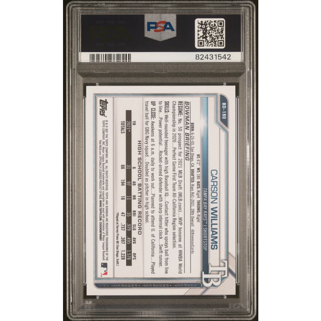 Graded 2021 Topps Bowman Draft Carson Williams #BD180 1st Edition Rookie RC Baseball Card PSA 10 Gem Mint | PSA 10 Gem Mint Graded Rookie Card | vintageantiquesgifts.com
