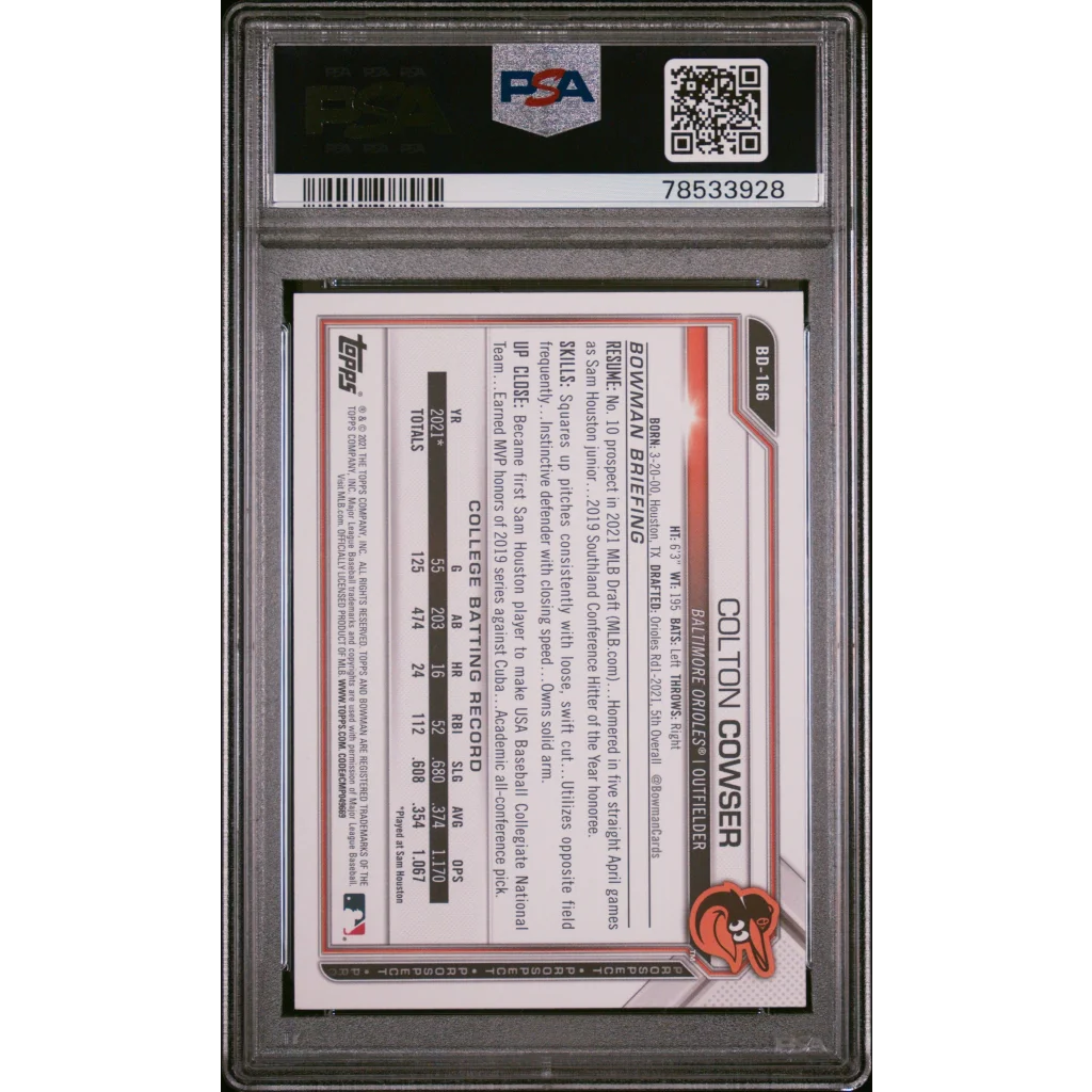 Graded 2021 Topps Bowman Draft Colton Cowser #BD166 Rookie RC Baseball Card PSA 10 Gem Mint | PSA 10 Gem Mint Graded Rookie Card | vintageantiquesgifts.com