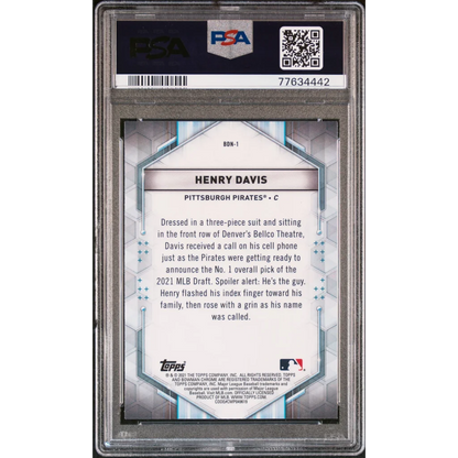 Graded 2021 Topps Bowman Draft Henry Davis #BDN1 Draft Night Rookie RC Baseball Card PSA 10 Gem Mint | PSA 10 Gem Mint Graded Rookie Card | vintageantiquesgifts.com