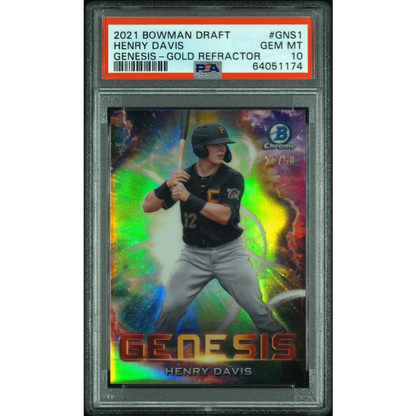 Graded 2021 Topps Bowman Draft Henry Davis #GNS1 Genesis Gold Refractor Rookie RC Baseball Card PSA 10 Gem Mint | Hall of Fame Sports Memorabilia | vintageantiquesgifts.com