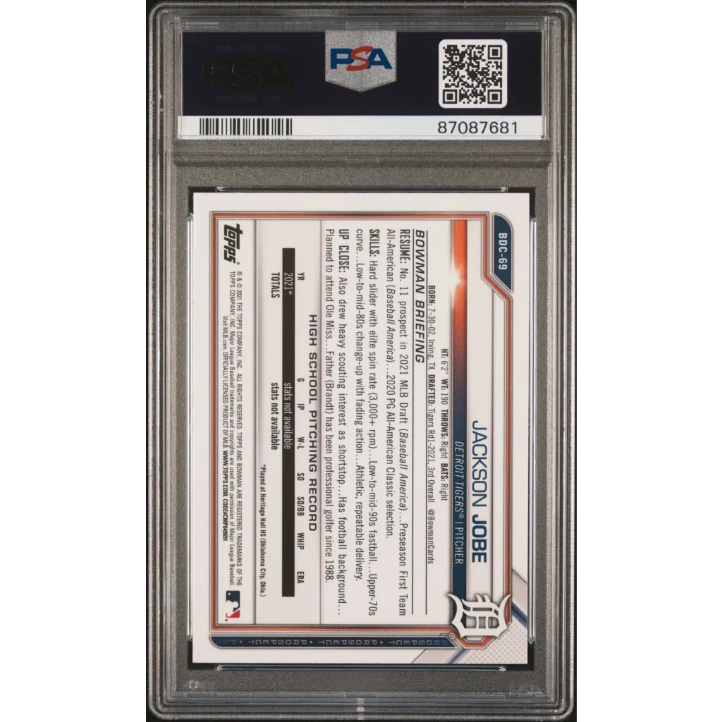 Baseball trading card of Jackson Jobe in PSA slab, GEM MINT grade, Chrome Sapphire Rookie