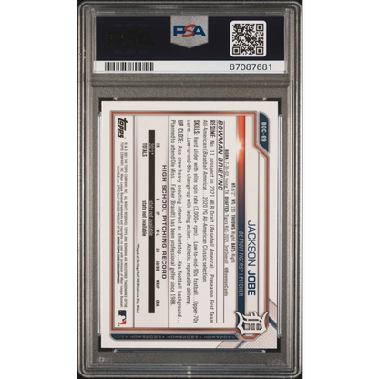 Baseball trading card of Jackson Jobe in PSA slab, GEM MINT grade, Chrome Sapphire Rookie