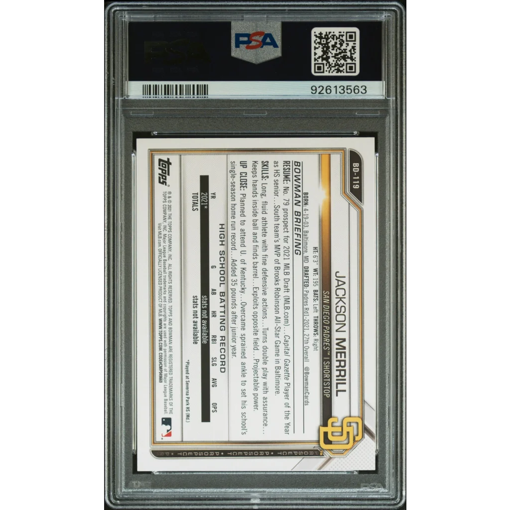 PSA 10 GEM MINT Jackson Merrill 2021 Bowman Draft Rookie Card in protective slab