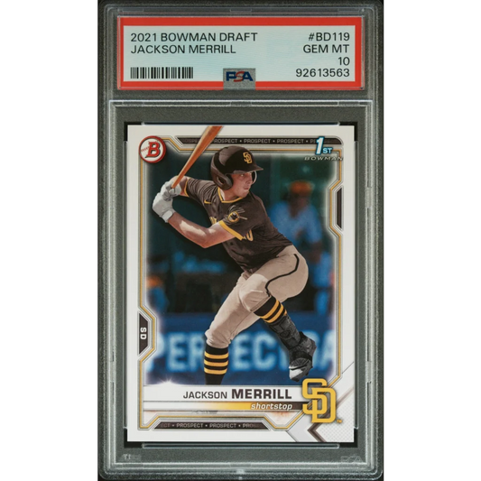 Graded 2021 Topps Bowman Draft Jackson Merrill #BD119 Rookie RC Baseball Card PSA 10 Gem Mint | Hall of Fame Sports Memorabilia | vintageantiquesgifts.com