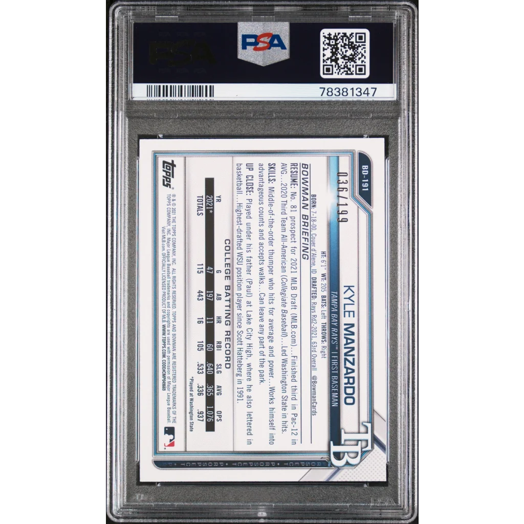 Graded 2021 Topps Bowman Draft Kyle Manzardo #BD191 Aqua #/199 Rookie RC Baseball Card PSA 10 Gem Mint | PSA 10 Gem Mint Graded Rookie Card | vintageantiquesgifts.com