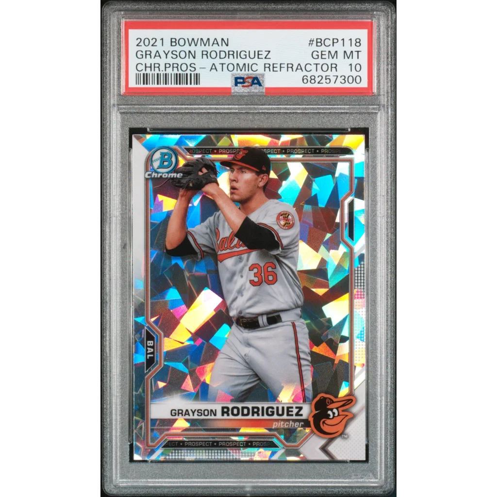 Graded 2021 Topps Bowman Grayson Rodriguez #BCP118 Chrome Prospects Atomic Refractor Rookie RC Baseball Card PSA 10 Gem Mint | Hall of Fame Sports Memorabilia | vintageantiquesgifts.com