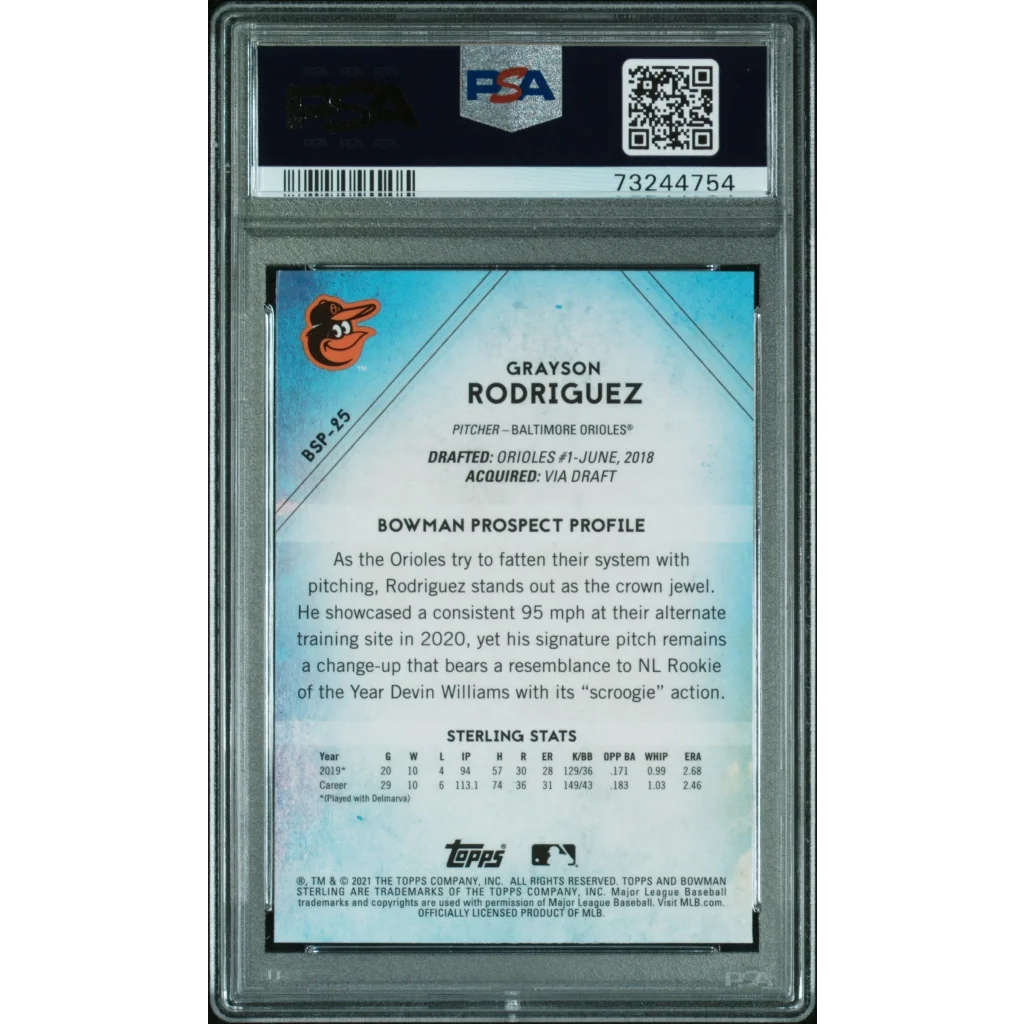 Graded 2021 Topps Bowman Sterling Grayson Rodriguez #BSP25 Rookie RC Baseball Card PSA 10 Gem Mint | PSA 10 Gem Mint Graded Rookie Card | vintageantiquesgifts.com